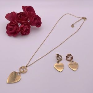 Gold Heart Pendant Necklace and Earrings Set